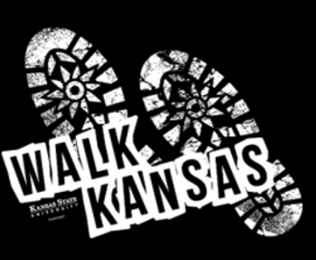 Black and white logo for Walk Kansas featuring bold text with a sunflower graphic, a banner reading ‘Celebrating 25 Years,’ and the K-State Research and Extension logo at the bottom.